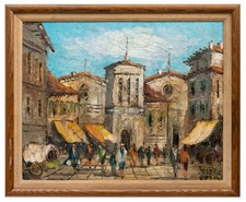 Mid Century European Plaza City Scene, Signed Illegibly, Framed, Córdoba/Cordova picture