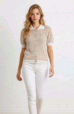 VALENTINO Beige Gold Shimmer Floral Guipure Lace Blouse Top Polo T-Shirt 38 XS picture