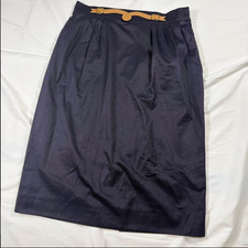 HERMES Leather Detail A-Line Skirt Navy 100% Cotton Size 46 picture