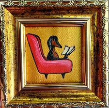 Dachshund Reading Book Oil Painting Original Funny Dog Art Tiny Framed Signed picture