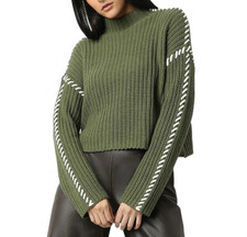 NWT Vero Moda Sweater OLIVE GREEN Cream Stitch Detail FUNNEL NECK CROP Cypress L picture