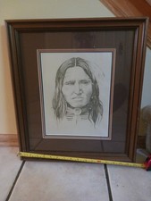 Hand Sketched Native American Indian Portrait Custom Wood Frame 17x20 picture