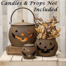 NEW Primitive JACK O LANTERN LUMINARIES Halloween HAMMERED RUST 3PCS Aged Metal picture