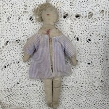 Antique Handmade Cloth Rag Doll 15” Primitive Folk Art Estate Yarn Hair Dress picture
