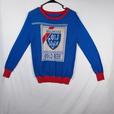 Heilemans Old Style Cold Beer Sweater Blue Red Knit Merino Wool Blend Unisex S/M picture