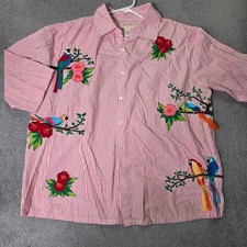 Bechamel II Womens 1X Button Up Shirt Red White Stripe Tropical Parrot Embroider picture