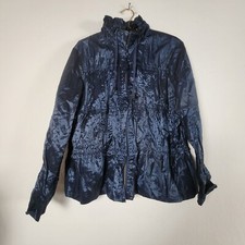 Chico's Womens Ruffle Collar Zip Front Navy Blue Jacket Size 3 Crinkled Casual picture