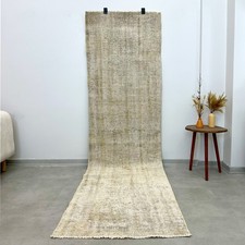 3x9 Vintage Turkish Oushak Runner, Beige Solid Rug, Handmade Wool, Bohemian Rug picture