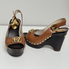 Michael Kors Candace ST14D Leather Platform Wedge Sandals Brown 6.5M picture