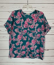 Entro Boutique Women’s M Medium Teal Pink Floral Short Sleeve V Neck Top Blouse picture
