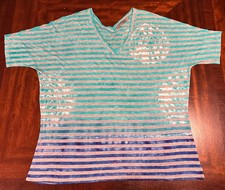 prAna Women's L Teal Green Striped Shirt Made in USA Organic Cotton Outdoor picture
