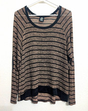 Bobeau Women’s Brown/Black Striped Knit Pullover Round Neck Elbow Patch M/L picture
