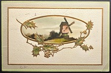 Antique 1909 Embossed Windmill Postcard w 1¢ Franklin PERFIN Stamp Used USA Cove picture
