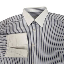 Stefano Ricci Mens Button Down Shirt French Cuff Contrast Collar Striped Blue picture