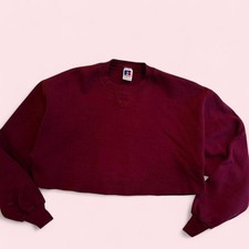 Vintage 90s Russell Athletic USA Burgundy Cropped Crewneck Sweatshirt picture