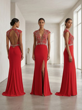 Jovani Tangerine Embellished Open Back V-Neck Jersey Dress Size 8 $680 picture
