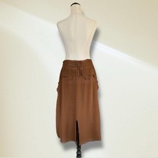 Vintage YSL Yves Saint Laurent Brown Silk Cargo Midi Skirt Size EU 40 AU 10 12 picture
