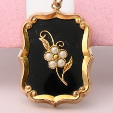 Antique Victorian Mourning Forget Me Not Gold Plated Pendant Enamel Flower Pearl picture