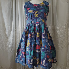 Yumi ModCloth Cotton Dress Womens Small Blue Postcard Safari Giraffe Fit Flare  picture