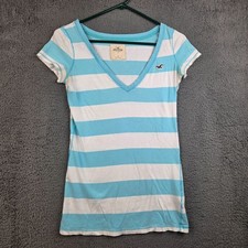 Y2K Hollister Shirt Womens Small V Neck Blue White Stripe Short Sleeve Baby Doll picture