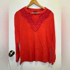 Lucky Brand Live and Love red long sleeve pullover top embroidered v neck size S picture