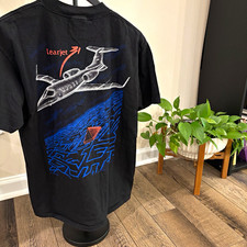 Vintage 1990s Learjet Airplane Graphic T Shirt Mens L Black ONEITA Power-T  picture
