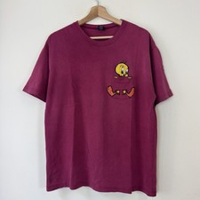 Vintage 90's Looney Tunes Tweety Bird Embroidered Red Pocket Tee Shirt - Medium picture