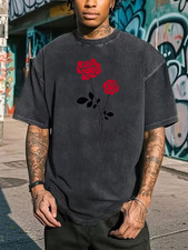 Men's Vintage Distressed T-Shirt – Black Retro Streetwear Tee with Red Roses picture