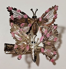 Ant/Vtg Butterfly Spring Winged Hair Clip Barrette Wired Pink & Metal  Set of 2 picture