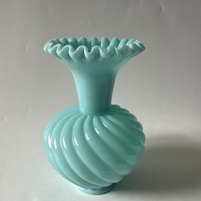 Fenton Pre-Logo Turquoise Milk Glass 6” x 4.5” Ruffle + Swirl Vase AS IS READ picture