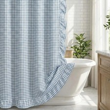 HunnmingRe Ruffled Gingham Shower Curtain Dusty Blue picture