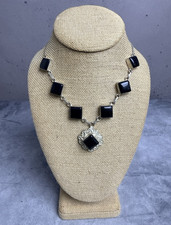Vintage Black Onyx & Silver Tone Statement Necklace Pendant Jewelry picture