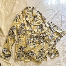 Olivia von Halle 100% Silk Satin Tiger Print Pajama Set Collared Button Sz 2 picture