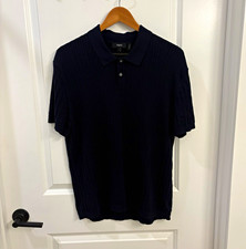 Theory Men's Navy Solid Knit Polo Shirt Button Collared Short Sleeve L picture