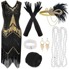 PLULON 1920s Flapper Fringed Sequin Dress with Accessories Set Gold Medium picture