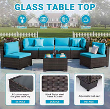 7-Piece Rattan Wicker Patio Sectional Set Blue Cushions Glass-Top Table picture