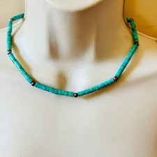 VTG Navajo Pearl Blue Heishi Turquoise Necklace Native American Silver Sterling picture