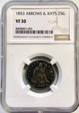 1853 Arrows and Rays Seated Liberty Quarter Dollar NGC VF 30 A True Classic picture