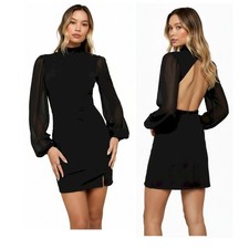 Lulus Exceptionally Flirty Black Long Sleeve Backless Mini Dress Size Size Large picture