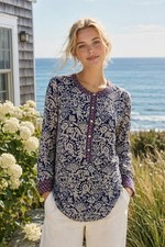 Talbots Womens Navy Blue White Floral Henley Tunic Blouse M picture