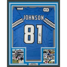 Framed Facsimile Autographed Calvin Johnson 35x39 Detroit Blue Jersey picture