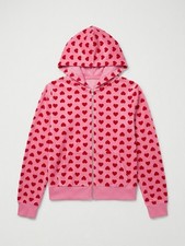 Womens Pink Heart Print Fleece Full Zip Hoodie Jacket Long Sleeve Y2K Kawaii picture