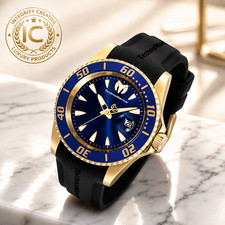 TechnoMarine Men's Manta Sea Blue Dial Quartz Gold Trim Diver Watch Black Strap picture