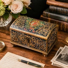 Striking Hand Painted Domed Antique Wood Casket Box Key Madonna and Child picture