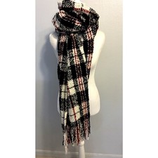 Free People Boho Knit Scarf Plaid Blanket Chunky Ribbed Fringe Red Black Cozy picture