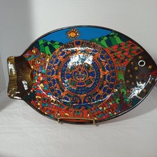 Vintage Terra Cotta Folk Art Fish Platter Aztec Mayan Calendar Mexico 14.5” picture