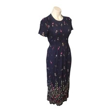 R&K Originals Petites Dress Pleated Bodice Tie Waist Blue Navy Pink Floral L/XL picture