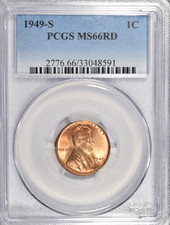 1949 S LINCOLN CENT ~ PCGS MS66 RD ~ NICE RED FLASHY LUSTER INV#591 picture