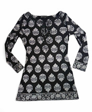 INC International Concepts Black White Floral V-Neck Long Sleeve Beaded Top M picture