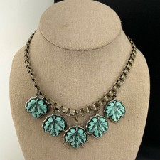 Vintage Statement Necklace Aged Gold Chain Leaf 16” picture